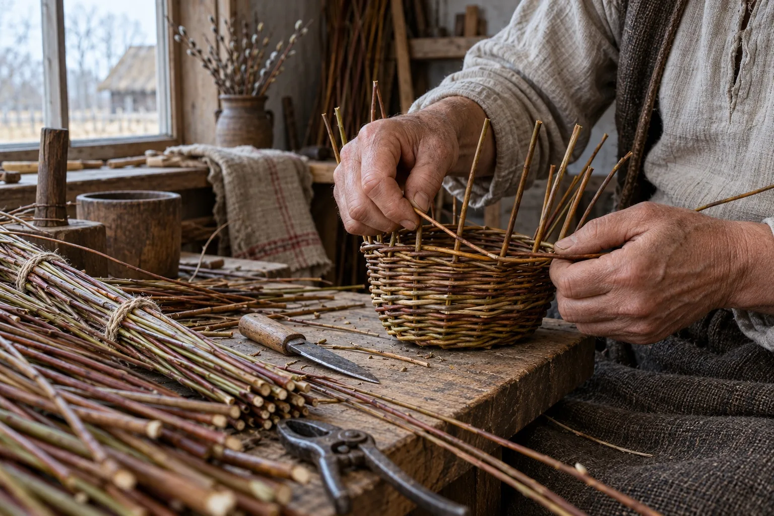 Meistara rokas pin klūgu grozu pie koka darba galda