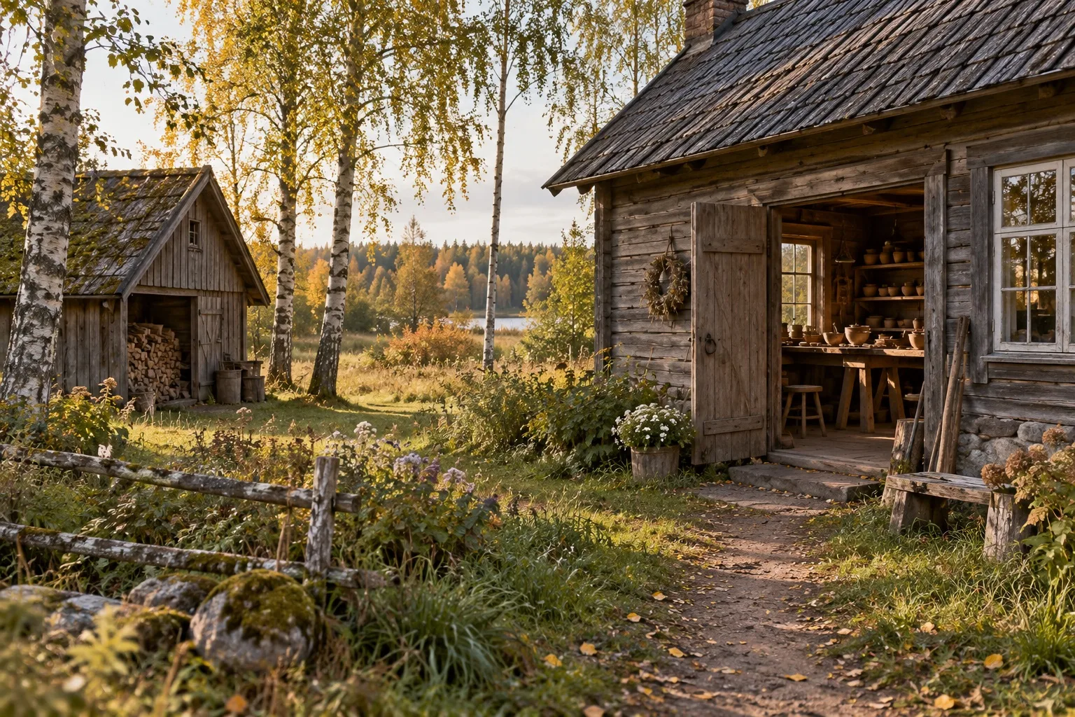 Koka darbnīca pie bērziem izdomātā Latvijas lauku sētā